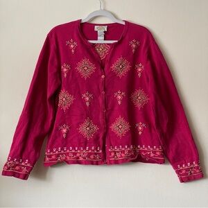 TALBOTS Vintage Floral Embroidered Cardigan Pink Boho Cottagecore Grannycore 90s